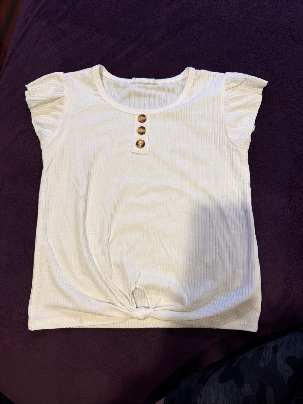 Beautees Cream Short Sleeve Ribbed Top with Button Placket